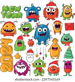 big New Year's set. colorful funny monsters in New Year's costumes. Set of images of amusing multi-colored unknown animals