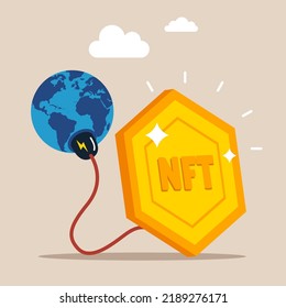 Big NFT token with electric plug sucking energy from planet earth. Cryptocurrency sustainability problem, NFT token and crypto currency mining energy consumption not environment friendly concept.