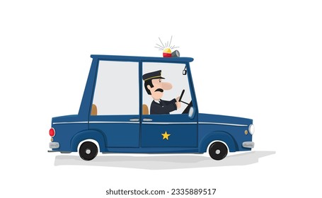 Un policía de nariz grande en su auto de policía lujoso con luces y sirena está persiguiendo a los chicos malos sobre un fondo blanco. Ilustración de dibujo de tipo secundario vectorial