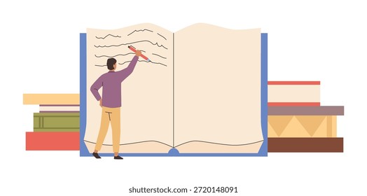 Cuaderno grande con la página en blanco y el escritor que rellena el contenido. Vector periodista aislado o autor de un artículo. Libro de texto de estudiante universitario o universitario haciendo tareas, escritura creativa en revista
