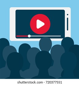 Big number of viewers in front of big smartphone screen. Stock vector illustration for online broadcast, mobile content, home cinema,tv live stream watching, digital entertainment and addiction.