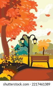 Big oak tree with falling leaves in the autumn park illustration.
