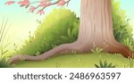 Big oak tree in the forest on grass lawn landscape. Cartoon summer in woods scenery with tree bush and plants for children. Vector hand drawn colorful graphic illustration for kids.