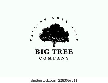 Big Oak Tree silhouette logo is a logo design that illustrates a large oak tree logos with vintage style for logo conservation, residential services, etc. svg