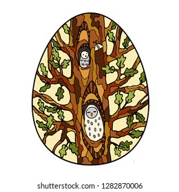 Big oak, two owls in a hollows. Hand draw colored illustration in egg shaped, Easter thematic. Vector design element.