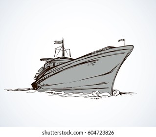 Big obsolete naval SS isolated on white backdrop. Freehand outline black ink hand drawn picture logo sketchy in art antique scribble style pen on paper. Side view with space for text on sky