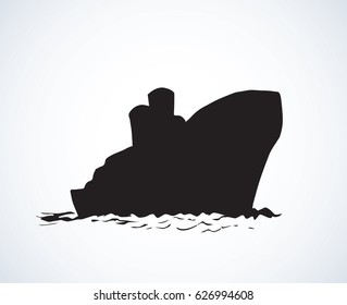 Big obsolete naval SS isolated on white backdrop. Dark ink hand drawn picture in art antique style. Side view with space for text on sky