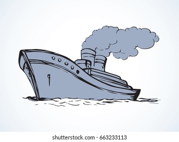 Big obsolete naval SS isolated on white backdrop. Freehand outline black ink hand drawn picture logo sketchy in art antique scribble style pen on paper. Side view with space for text on sky