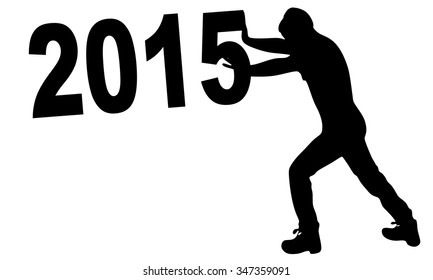 Big obstacle concept in 2015, young man move a boulder with a text of 2015