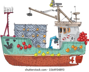 Big ocean diesel fish boat for crab fishing. Industrial crabbing catch. Cartoon. Caricature.