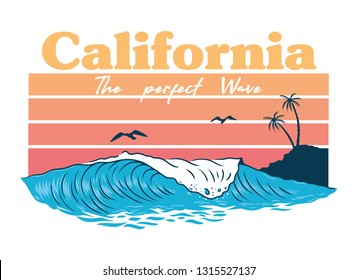 Big ocean perfect wave on California paradise beach place for ride surfing with palms and hot sun holiday style Vintage design illustration for print clothes t shirt sticker poster trendy fashion tee