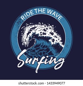 Big ocean sea blue tsunami wave on California Hawaii island place for ride surfing with vacation style Vintage fashion trendy design illustration for print clothes t shirt sticker logo patch poster.