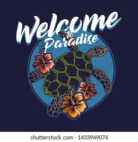 Big ocean sea wild turtle swimming blue water welcome to paradise abstract vintage fashion trendy summer print design for t-shirt poster sticker badge patch Hawaii island surfing style illustration.