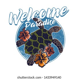 Big ocean sea wild turtle swimming blue water. welcome to paradise abstract vintage fashion trendy summer print design for t-shirt poster sticker badge patch. Hawaii island surfing style illustration.