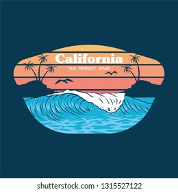 Big ocean wave on California paradise beach place for ride surfing with palms and hot sun holiday style Vintage design illustration for print clothes t shirt sticker logo patch poster trendy fashion  