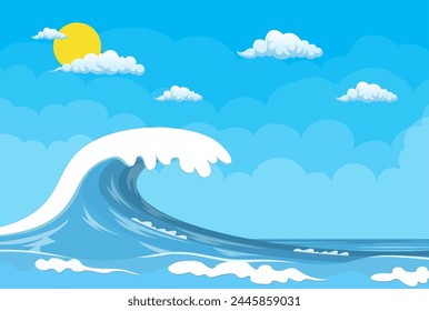 Big ocean wave. Summer landscape with sun and cloud. Vector illustration in flat style