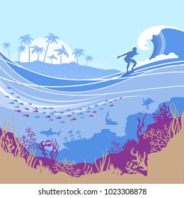 Big ocean wave and tropical island on Vector blue background with surfer.Seascape illustration