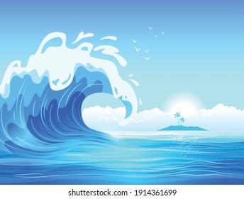 Big ocean wave with tropical island on background flat vector illustration