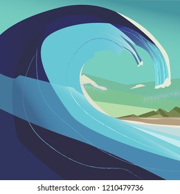 Big ocean wave and tropical island.Vector blue background