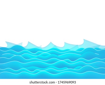 Gran ola oceánica e isla tropical.Fondo azul del mar vectorial
