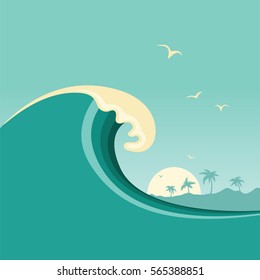 Big ocean wave and tropical island.Vector background