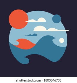 Big ocean wave and white clouds.Vector dark background