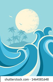 Big ocean waves and sun. Nature seascape poster background with sunlight.Vector blue illustration