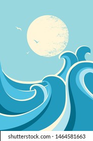 Big ocean waves and sun. Nature seascape poster background with sunlight.Vector blue illustration