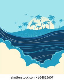 Big ocean waves and tropical island with palms.Vector blue background