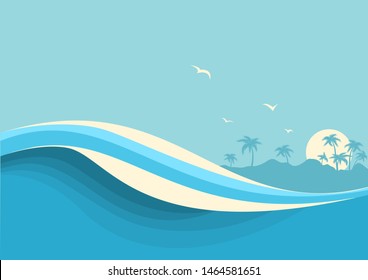 Big ocean waves .Vector seascape with sea waves and sky background for text