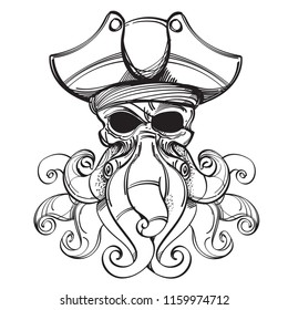 Big Octopus in a pirate cocked hat illustration for coloring. Template for tattoo.