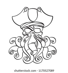 Big Octopus in a pirate cocked hat illustration for coloring. Template for tattoo.