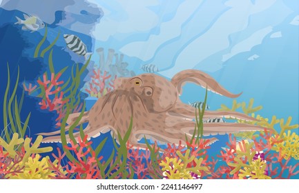 Big octopus in the tropical sea with corals, fish and algae. Realistic vector landscape