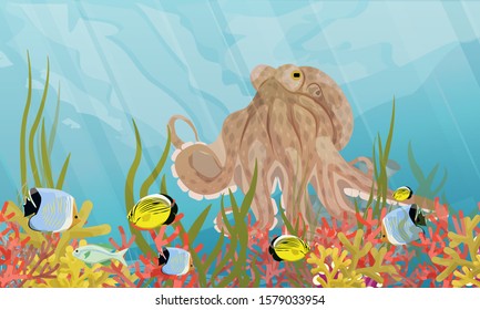 Big octopus in the tropical sea. Inhabitants of the coral reef: tropical fish, shellfish, sponges, corals and algae. Realistic underwater world