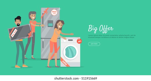 Big Offer In Electronics Store Web Banner. Man With TV-set, Woman With Washing Machine And Refrigerator Bought On Sale On White Background. Seasonal And Holiday Discounts. Black Friday. For Store Ad