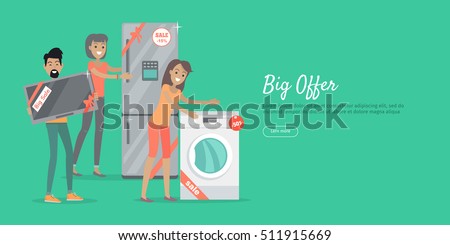 Big offer in electronics store web banner. Man with TV-set, woman with washing machine and refrigerator bought on sale on white background. Seasonal and holiday discounts. Black friday. For store ad