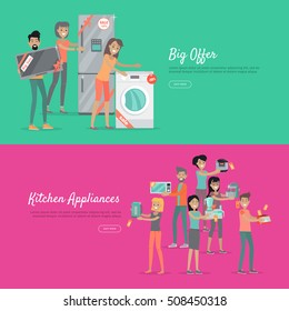 Big offer and kitchen appliances. Set of people on store sale. Man and woman happy characters holding different goods with sale stickers. Home technic, electronic devices, household shopping