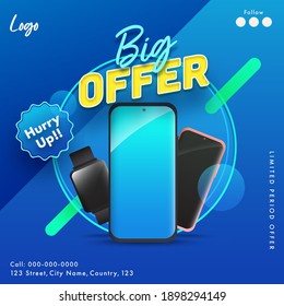 Gran Oferta De Venta Post O Diseño De Plantilla Con Smartphone 3D Y Smartwatch En Fondo Azul.
