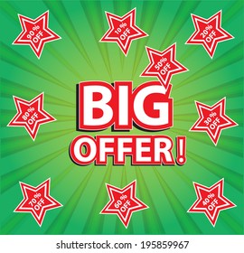 BIG OFFER! wording  with discount percentage tag / discount label in pop art style on green background