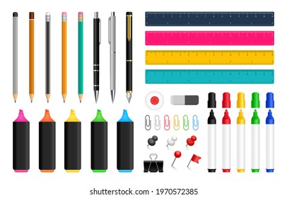 Big Office stationery set. School supplies collection. Pens, pencils, colored markers, eraser rubber, ruler, pins and paper clips. Vector illustration.