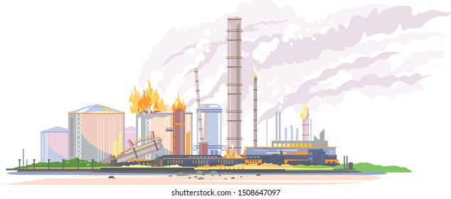 Big oil refinery on fire in flat style isolated, oil production plant, petrochemical plant, ecology disaster concept illustration, manufacturing with metallic constructions