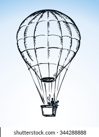 Big Old Airy Hot Air Balloon With People In Gondola Soar Up On Sail In Cloud Isolated On White Background. Outline Ink Hand Drawn Icon Sketch In Scribble Style Pen On Paper With Space For Text On Blue Sky