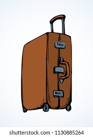 Big old closed carry trunk box sac on white airport backdrop. Vibrant airplane Suit case holdall carryall. Bright brown color hand drawn logo emblem sketch in retro art doodle style and space for text