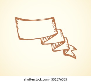 Big old curl blank title sheet tape isolated on white backdrop. Freehand outline ink hand drawn picture sketchy in art scribble retro style pen on card with space for text 