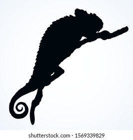 Big old domestic chamaeleon Lacertilia pattern tail on white paper text space. Dark ink hand drawn zoo claw disguise logotype pictogram emblem design. Retro art contour print style. Close up side view