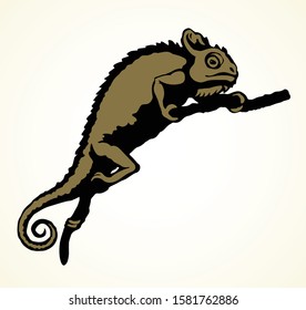 Big old domestic chamaeleon Lacertilia pattern tail on white paper text space. Outline black ink hand drawn zoo claw disguise logo pictogram emblem design. Retro art doodle print style. Close up view