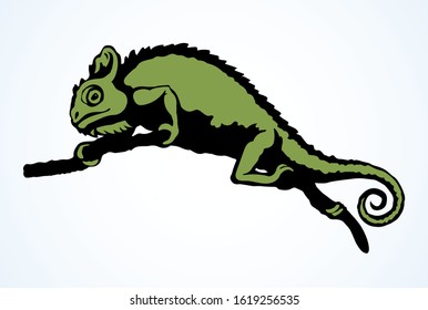 Big old domestic chamaeleon Lacertilia pattern tail on white paper text space. Bright green color hand drawn zoo claw disguise logo pictogram emblem design. Retro art doodle print style. Close up view