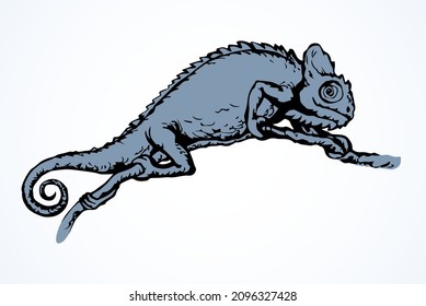 Big old domestic chamaeleon Lacertilia pattern tail on white paper text space. Outline black ink hand drawn zoo claw disguise logo pictogram emblem design. Retro art doodle print style. Close up view