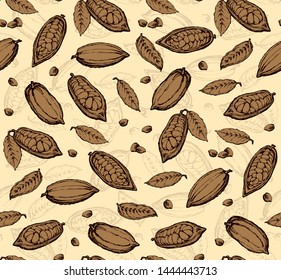 Big old dry beige theobroma set on light white fond. Outline dark black ink hand drawn menu object logo sign icon design sketchy in art antique doodle etched style pen on wrapping paper. Closeup view