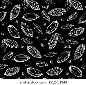 Big old dry theobroma set on dark blackboard. Outline white chalk hand drawn menu object logo sign icon design sketchy in art antique doodle etched style crayon on black board text space. Closeup view